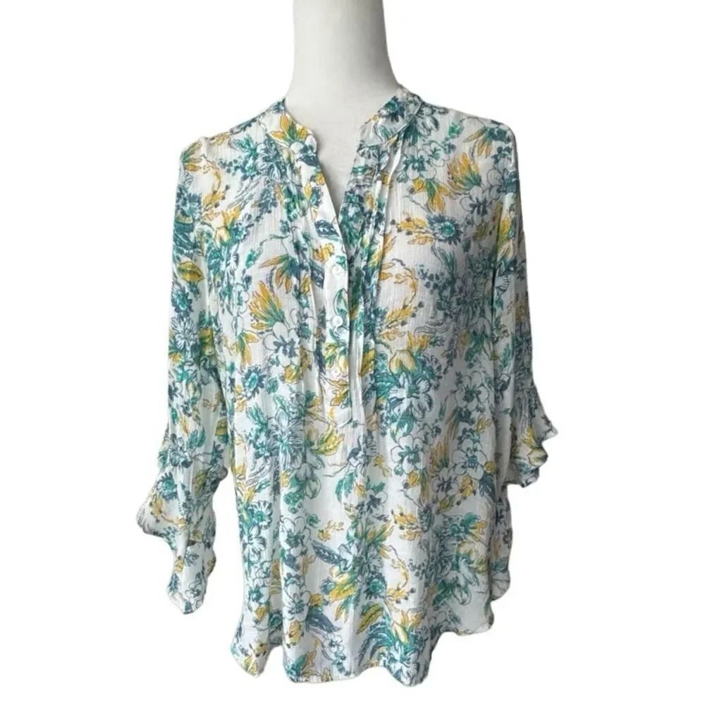 Counterparts Floral Blouse Pullover Bell Sleeves Tunic SZ L